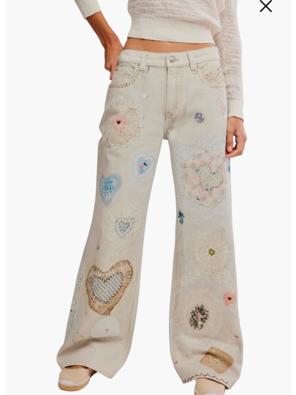 Free People Cream Straight-Leg Jeans with Pastel Heart & Floral Appliqués